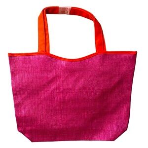 NWT Lancôme Reversible Tote Hot Pink Straw Like, orange handles floral print